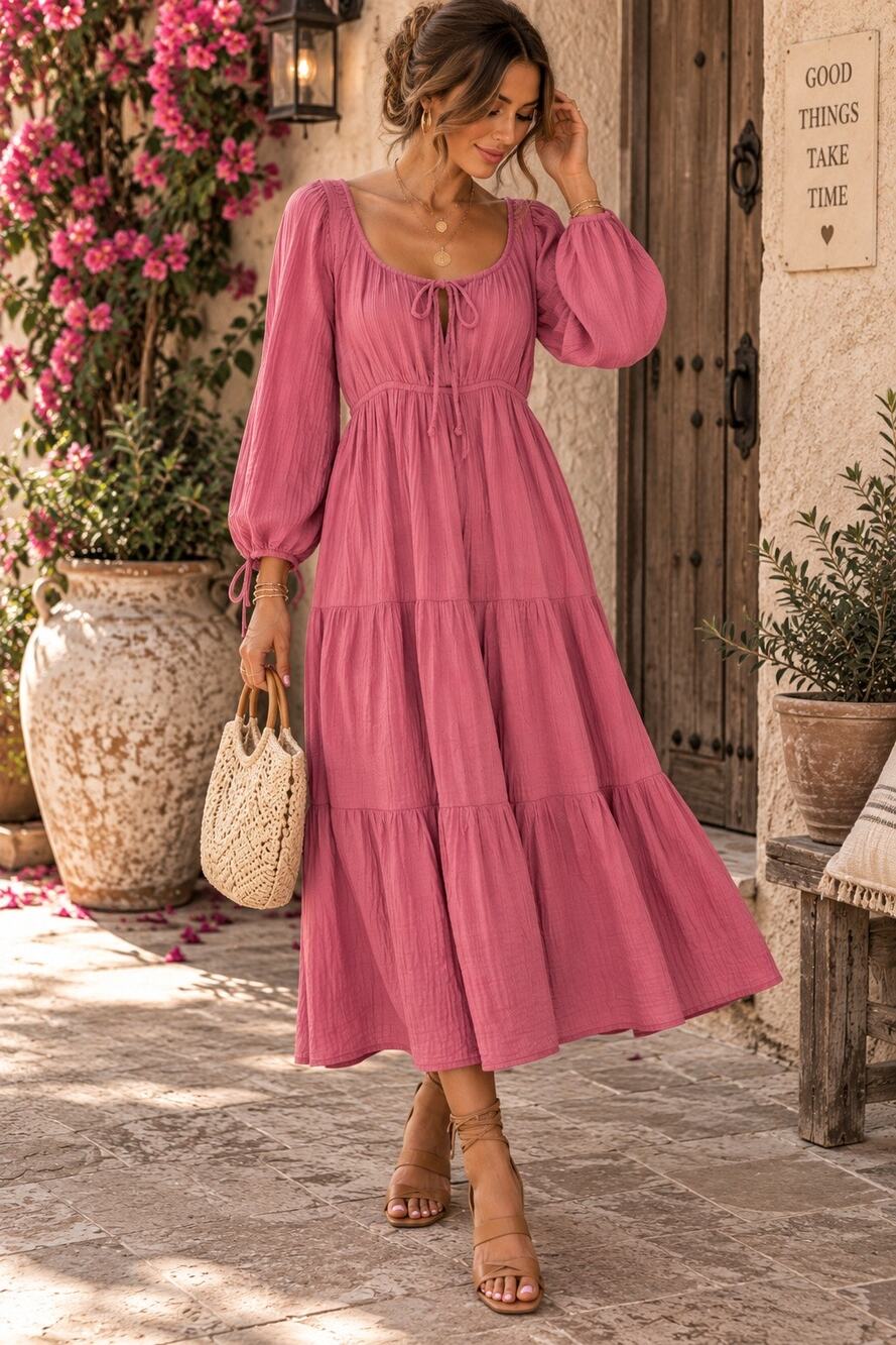 Anthropologie Eze Sur Mer Pink Gauze Tiered Midi Dress Size Small